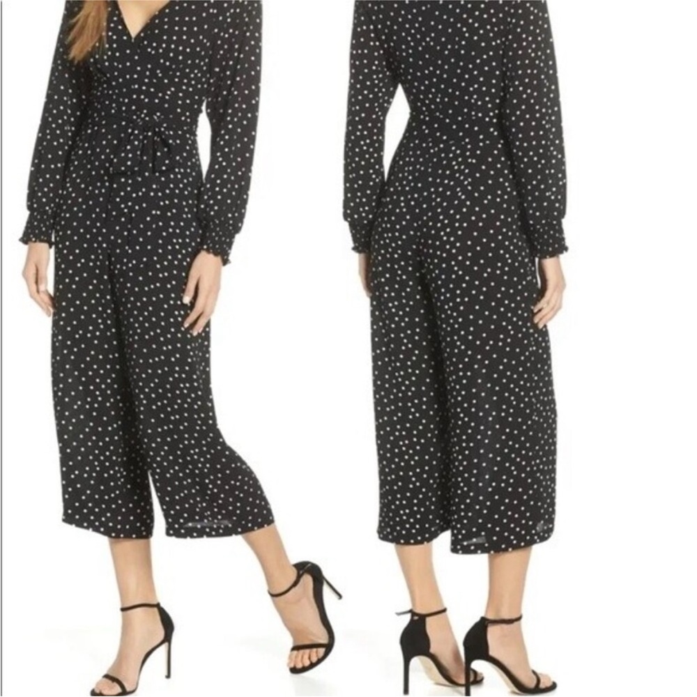 ELIZA J Faux Wrap Crop Polka Dot Jumpsuit in Black and White 14